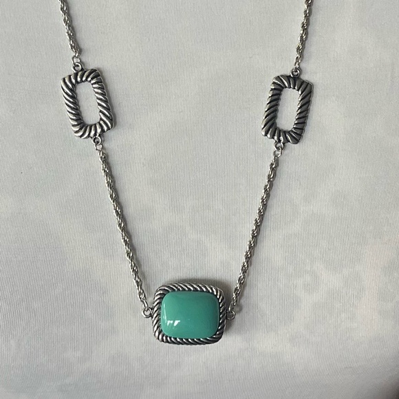 Silver Tone Long Station Necklace with Turquoise Square Pendant - Picture 2 of 5